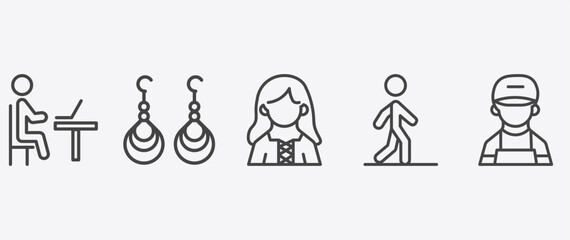 people and relation icon set with earings, norwegian, bast, technician signs in flat outline style © Abstract