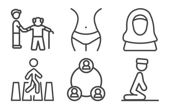 people and relation icon set with help the elderly, hips, road crossing, julus signs in flat outline style
