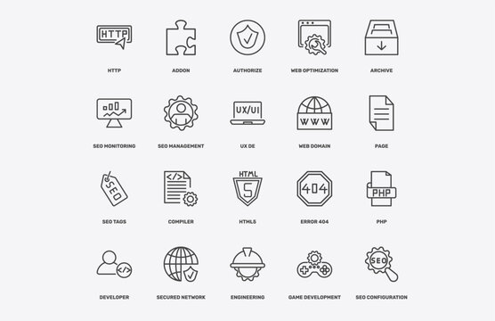 information technology icon set with http, addon, authorize, seo tags signs in flat outline style