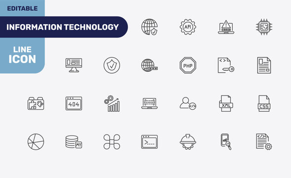 information technology icon set with secured network, api, program error, compiler signs in flat outline style