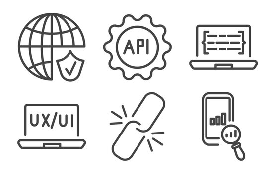 information technology icon set with secured network, api, ux de, seo ranking signs in flat outline style