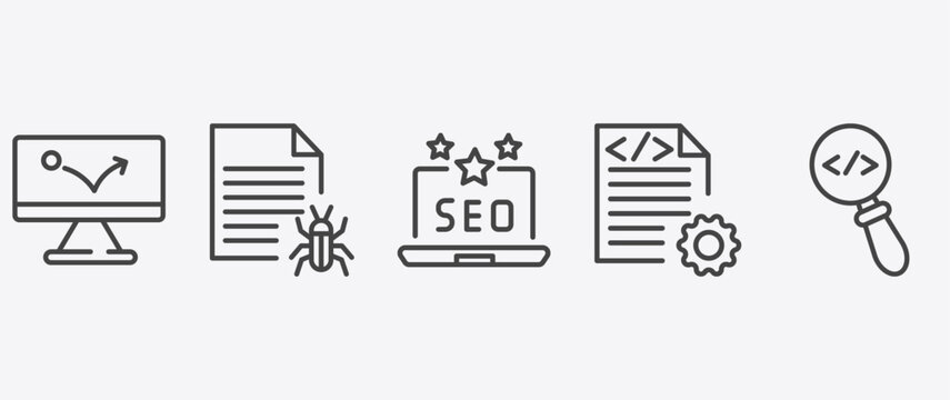 information technology icon set with bug report, seo reputation, compiler, code review signs in flat outline style
