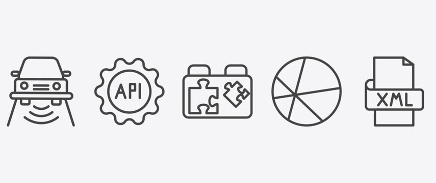 information technology icon set with api, plugin, theme, xml signs in flat outline style
