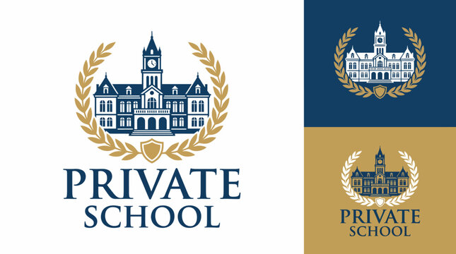 This sophisticated logo showcases an impressive private school building, symbolizing educational excellence, tradition, and community values in a refined and artistic manner.