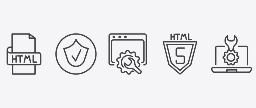 information technology icon set with authorize, web optimization, html5, seo tools signs in flat outline style