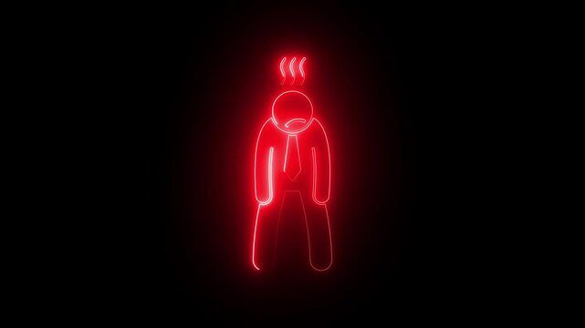 Neon stick figure businessman feeling burnout and stress, animated glowing red outline of exhausted character on black background