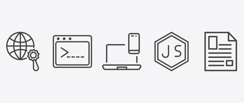 information technology icon set with code terminal, cross-platform, js, article signs in flat outline style
