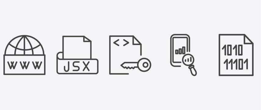 information technology icon set with jsx, encripted file, seo ranking, binary file signs in flat outline style