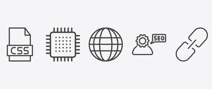 information technology icon set with microchip, web page, seo consulting, hyperlink signs in flat outline style