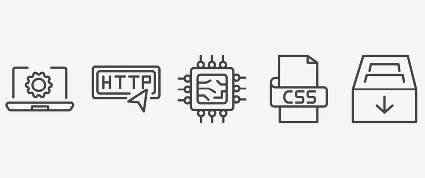 information technology icon set with http, hardware, css, archive signs in flat outline style