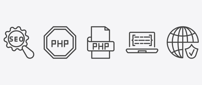 information technology icon set with programming language, php, code listing, secured network signs in flat outline style