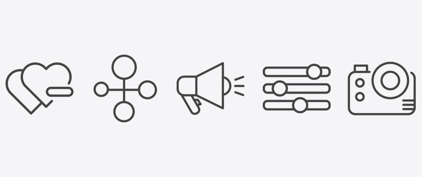 social media marketing icon set with social normal, marketing, options, big photo camera signs in flat outline style