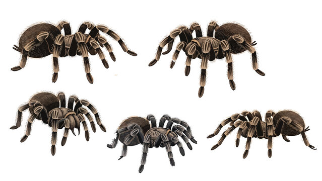 A detailed collection of five tarantula illustrations, showcasing their formidable appearance, hairy textures, and distinct features, perfect for educational content, wildlife studies