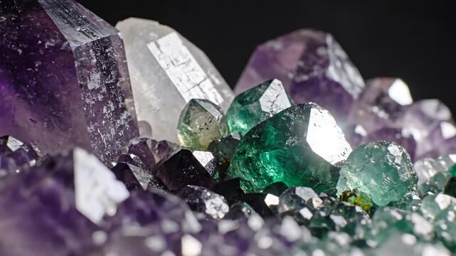 Macro shot of amethyst and green crystal cluster on black