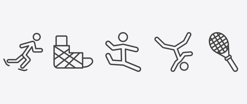 sport and games icon set with sprained ankle, dancer motion, breakdance, squash signs in flat outline style