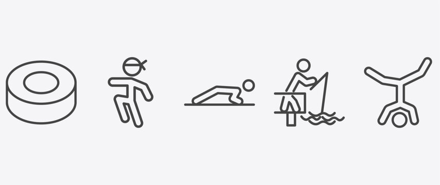 sport and games icon set with wushu, man doing pushups, fisher fishing, capoeira signs in flat outline style