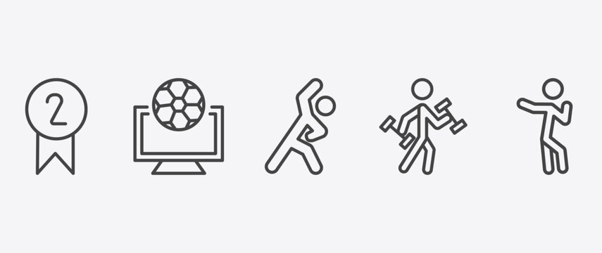sport and games icon set with football channel, stretching, excercise, dancing motion signs in flat outline style