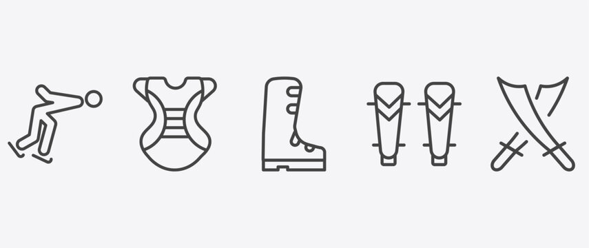sport and games icon set with chest guard, ski boots, shin guards, saber signs in flat outline style