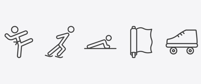sport and game icon set with skating, man doing pushups, foil, roller skate signs in flat outline style