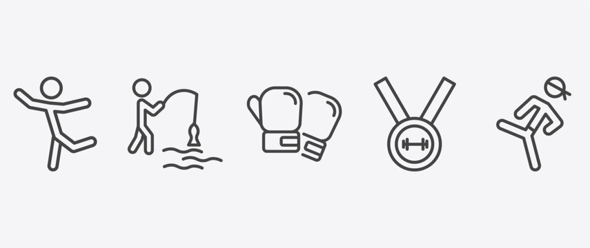 sport and games icon set with fisher fishing, boxing glove, weight lifting medal, pencak silat signs in flat outline style