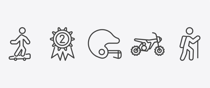 sport and game icon set with second prize, baseball helmet, motocross, trekking signs in flat outline style