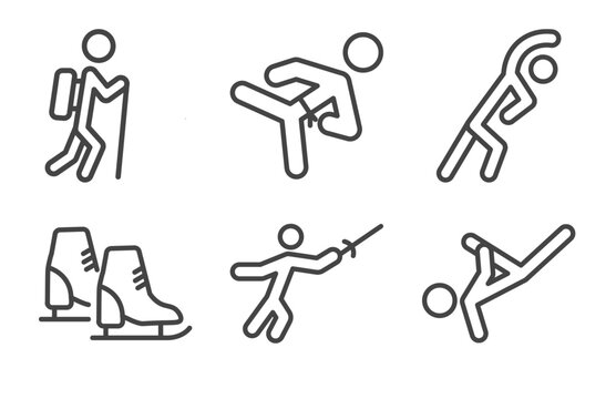 sport and game icon set with trekking, karate fighter, ice skates, capoeira signs in flat outline style