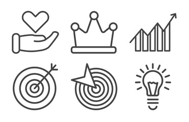 strategy icon set with care, king, target, creativity signs in flat outline style © Abstract