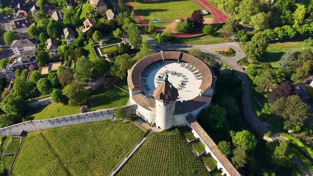 The medieaval fortification from aerial view. It is an ancient round fortification built in the 16th century, Schaffhausen, Switzerland