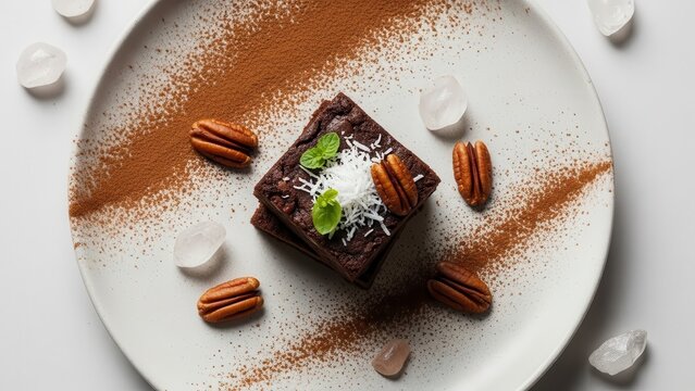 Top view of a chocolate brownie with coconut flakes, mint leaves, and pecans on a plate
