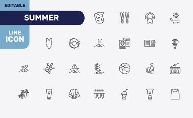 summer icon set with sangria, flippers, wetsuit, sleeveless signs in flat outline style © Abstract