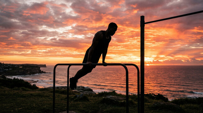Athletic Man Performing Calisthenics Exercise on Outdoor Bars at Ocean Sunrise