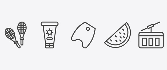 Fototapeta premium summer icon set with sunscreen, bodyboard, slice of melon, funicular signs in flat outline style