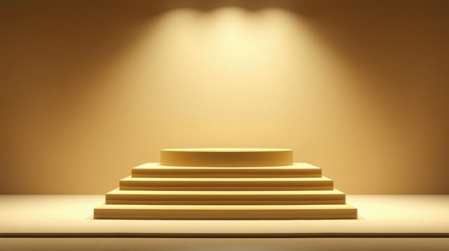 Golden steps ascend toward bright spotlight. Minimalist stage design evokes success, achievement, presentation. Warm tones dominate composition.
