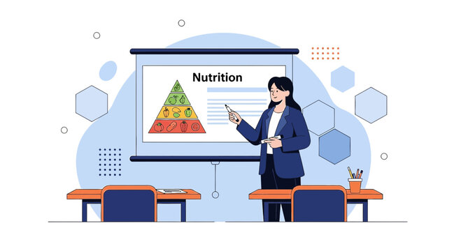 Nutritionist teaching about healthy eating pyramid on projector screen in classroom