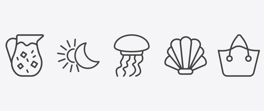 summer icon set with solstice, jellyfish, seashell, beach bag signs in flat outline style
