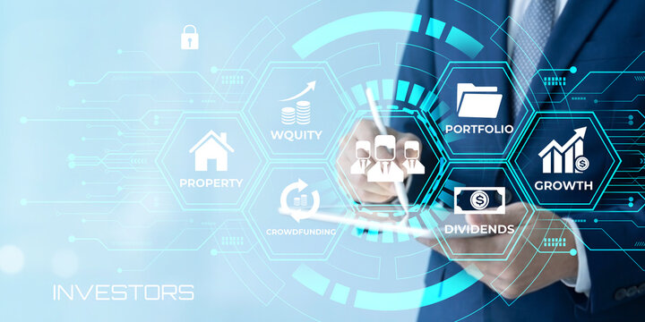 Business professional using digital interface showcasing investment portfolio concepts like property liquidity growth dividends and crowdfunding