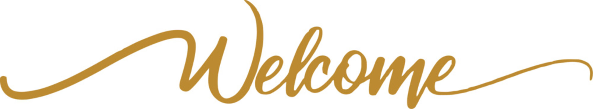 Elegant golden "welcome" text on a white background with greeting invitation hospitality warm welcome calligraphy decorative beautiful minimalist