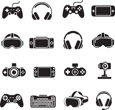 Gaming and VR equipment icon set with controller headset console and streaming devices