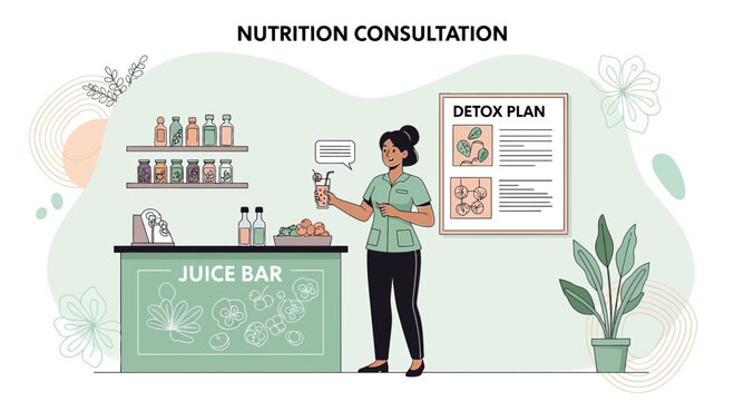 Nutritionist offers healthy drink at juice bar during consultation, detox plan on wall