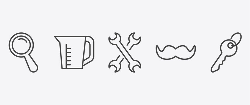 tools and utensils icon set with pitcher with levels, cross wrench, moustaches, tiny key signs in flat outline style