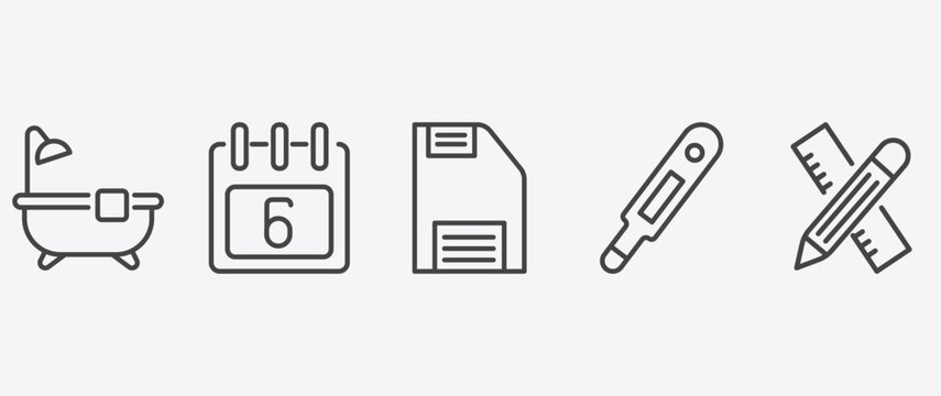 tools and utensils icon set with calendar with six days, face down floppy disk, body thermometer, carpentry signs in flat outline style