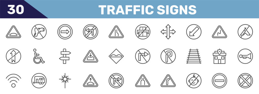 traffic signs icon set with humps, no weapons, one way, no stopping signs in flat outline style
