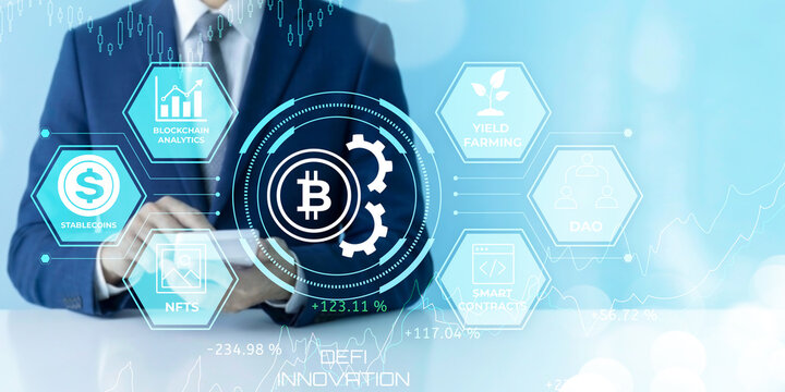 Professional using digital interface showcasing blockchain technology concepts like Bitcoin cryptocurrency yield farming stablecoins smart contracts and DeFi innovation