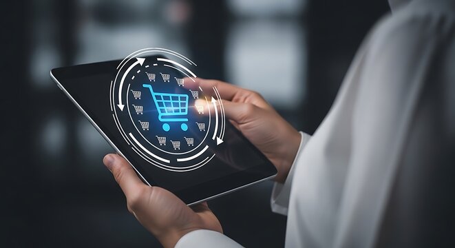 Person holding tablet with shopping cart on screen e-commerce online shopping digital