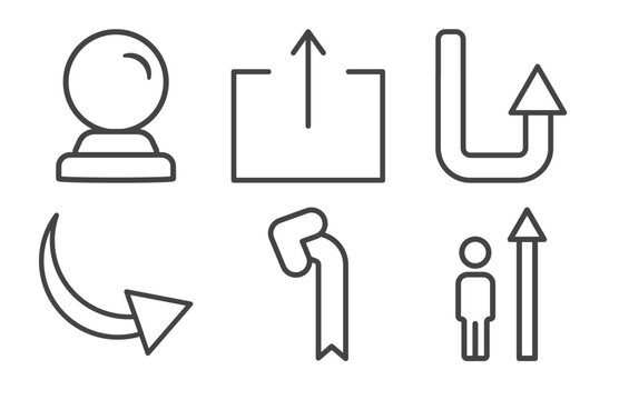 user interface icon set with psychic, export button, curve arrows, increase success signs in flat outline style