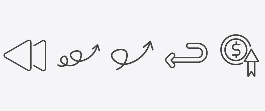 user interface icon set with swirly scribbled arrow, swirly arrow, return left arrow, improve incomes signs in flat outline style