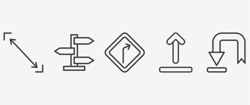 user interface icon set with road, right curve, upload button, downward rotation signs in flat outline style