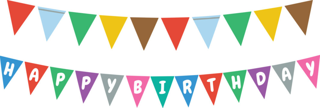 Happy birthday bunting banner with colorful flags festive decoration party celebration text flat vector illustration design