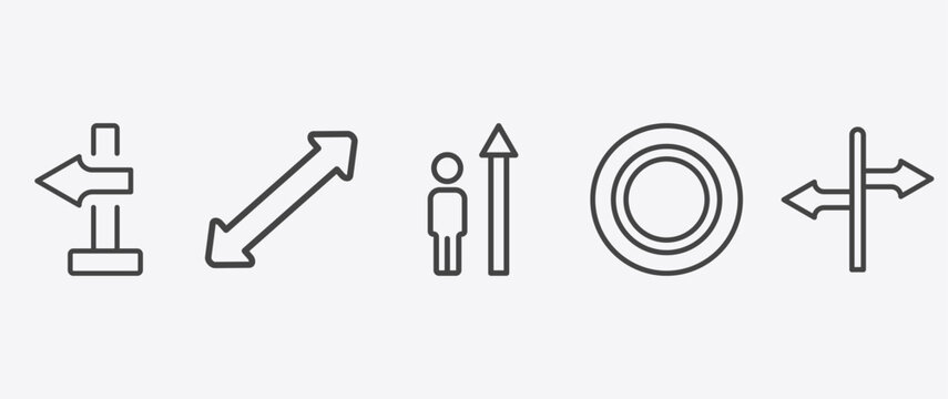 user interface icon set with scale arrows, increase success, selectioned circle, crossroads signs in flat outline style