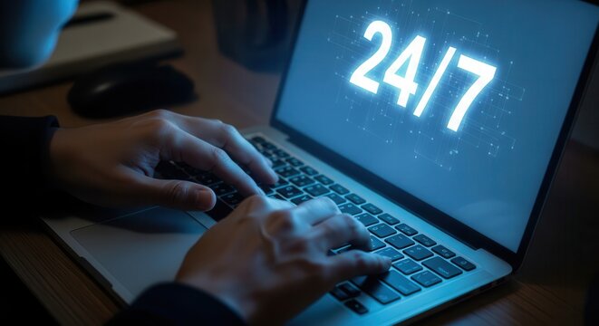 Hands typing on laptop screen displaying continuous 24/7 digital clock overlay with starfield background